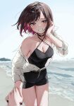  2girls beach black_choker black_hair black_nails black_shorts blurry blush bracelet breasts brown_hair chigusa_minori choker cleavage clenched_teeth collarbone collared_shirt colored_inner_hair commentary_request depth_of_field dress_shirt floating_hair gradient_nails hair_tucking highres jewelry looking_at_viewer medium_breasts multicolored_hair multiple_girls open_clothes open_shirt original outdoors pov purple_eyes purple_nails red_hair see-through_silhouette shirayuki_ren shirt shorts single_bare_shoulder smile solo_focus swimsuit swimsuit_under_clothes teeth white_shirt yuri 