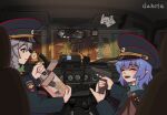  5girls absurdres alternate_costume artist_name blonde_hair blue_dress blue_eyes blue_hair box braid car_interior cirno closed_eyes closed_mouth commentary daiyousei dress duhota eyewear_removed fairy_wings fangs fumo_(doll) graffiti green_hair grey_hair gun handgun hat highres holding holding_box holding_gun holding_knife holding_weapon ice ice_wings izayoi_sakuya kitchen_knife knife light_purple_hair long_sleeves looking_at_another medium_hair multiple_girls open_mouth peaked_cap photo_(object) police police_badge police_uniform policewoman purple_hair rear-view_mirror reflection remilia_scarlet rumia russia russian_text short_hair sitting smile standing stopwatch sunglasses textless_version touhou translation_request uniform vampire weapon weapon_request wings 