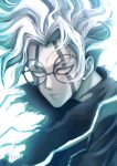  1boy aboleuk absurdres artist_name backlighting commentary dandadan expressionless facial_mark glasses grey_eyes highres male_focus portrait round_eyewear solo takakura_ken_(dandadan) white_hair widow&#039;s_peak 