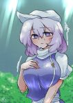  1girl breasts commentary highres lapel_pin large_breasts letty_whiterock light_purple_hair light_rays looking_at_viewer outdoors parted_lips purple_eyes scavia10 short_sleeves solo sweat touhou upper_body white_headwear 