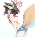  1girl animal_ears arched_back ass back bikini blue_archive breasts brown_hair denim denim_shorts fox_ears fox_tail halo highres izuna_(blue_archive) izuna_(swimsuit)_(blue_archive) matatabi_(2ccp) scrunchie short_hair shorts simple_background solo standing striped striped_bikini striped_scrunchie swimsuit tail underboob white_background yellow_eyes 