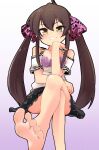  1girl aketa_chika animal_print bare_shoulders barefoot black_hair black_skirt blush breasts cleavage collarbone crossed_legs frilled_skirt frills gradient_background hair_between_eyes hair_ribbon head_rest highres idolmaster idolmaster_cinderella_girls idolmaster_cinderella_girls_starlight_stage idolmaster_cinderella_girls_u149 invisible_chair leopard_print long_hair looking_at_viewer matoba_risa o-ring o-ring_top open_mouth pink_ribbon purple_background ribbon shirt short_sleeves simple_background sitting skirt small_breasts smile soles solo toes twintails very_long_hair white_shirt yellow_eyes zebra_print 