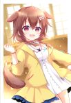  1girl :d animal_collar animal_ears arm_at_side bakery blush bone_hair_ornament bracelet braid brown_eyes brown_hair collar dog_ears dog_girl dog_tail dress extra_ears fang hair_between_eyes hair_ornament hairclip highres hololive indoors inugami_korone inugami_korone_(1st_costume) jacket jewelry kashiwadokoro long_hair looking_at_viewer low_twin_braids low_twintails off_shoulder open_clothes open_jacket open_mouth red_collar shop short_dress smile solo tail twin_braids twintails virtual_youtuber white_dress yellow_jacket 
