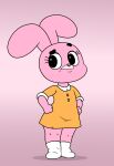  anais_watterson anthro big_ears big_eyes brown_nose cartoon_network clothing dress eyebrows eyelashes female footwear frown fur hands_on_hips hi_res lagomorph leporid long_ears mammal orange_clothing orange_dress pillothestar pink_background pink_body pink_fur pinup pose rabbit raised_eyebrow shoes simple_background solo standing the_amazing_world_of_gumball 