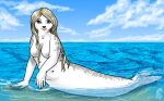  2009 anthro black_nose blonde_hair blue_sky breasts brown_eyes cloud eyebrows featureless_breasts female grey_body hair humanoid_face leopard_seal lips lipstick long_hair looking_at_viewer makeup mammal marine merfolk merseal navel odduckoasis partially_submerged pinniped red_lips red_lipstick sea seal sky slightly_chubby smile solo split_form water watermark white_body 