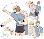  2boys bara black_shorts blonde_hair blue_shirt brown_hair brushing_hair closed_eyes comb couple curtained_hair grey_pants grey_shirt holding holding_comb jack_krauser leon_s._kennedy looking_at_another male_focus multiple_boys multiple_views muscular muscular_male pants resident_evil resident_evil_4 resident_evil_4_(remake) shirt short_hair shorts simple_background smile tatsumi_(psmhbpiuczn) translation_request white_background yaoi 