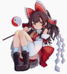  1girl ass bow brown_hair detached_sleeves gohei hair_bow hakurei_reimu highres holding holding_gohei mesuosushi nontraditional_miko orb panties red_bow red_eyes red_panties red_shirt shirt sitting solo thighs touhou underwear white_background white_sleeves yin_yang yin_yang_orb 