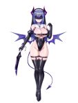  1girl blindfold blue_hair breasts chain_paradox cocytus_(wind_master) dagger demon_girl demon_horns demon_tail demon_wings full_body habit highleg highleg_leotard highres holding holding_dagger holding_knife holding_weapon horns jewelry knife large_breasts latex leotard long_hair looking_at_viewer low_wings necklace nun revealing_clothes shiny_clothes skindentation smile solo tail thighhighs weapon white_background wings 