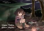  1girl akiyama_yukari boots brown_eyes brown_hair camping coffee cup english_text fireplace full_body girls_und_panzer green_socks holding holding_cup marinba_(bell_yamashige) outdoors pants pink_shirt shirt sitting socks table tent 