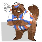  2023 animal_crossing anthro belly big_belly brown_body brown_fur canid canine chillychip clothing english_text fur hat headgear headwear hi_res male mammal nintendo one_eye_closed overweight overweight_male raccoon_dog shirt simple_background solo tanuki text tom_nook_(animal_crossing) topwear wink 