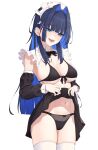  1girl :d absurdres armpits bangom_r black_bow black_bowtie black_hair black_panties blue_eyes blue_hair bow bowtie breasts cleavage clothes_lift frills hair_intakes highres hololive hololive_english large_breasts lifted_by_self long_hair maid_headdress mole mole_on_armpit mole_on_breast multicolored_hair navel open_mouth ouro_kronii panties simple_background skirt skirt_lift smile solo stomach thighhighs underwear virtual_youtuber white_background white_thighhighs 