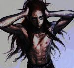 1boy abs arms_up belt blue_eyes brown_hair chain_belt forget1 grey_background hands_on_own_face injury long_hair looking_at_viewer nipples original serious solo toned toned_male topless_male upper_body 