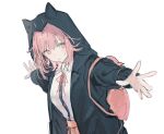  1girl backpack bag black_jacket black_shirt breasts danganronpa_(series) danganronpa_2:_goodbye_despair dress_shirt flipped_hair hair_ornament highres hood hood_up hooded_jacket jacket long_sleeves looking_at_viewer medium_hair nanami_chiaki neck_ribbon no_hair_ornament nokoru_sora open_clothes open_jacket pink_bag pink_eyes pink_hair pink_ribbon ribbon shirt simple_background skirt solo white_background white_shirt 