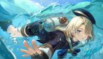  1boy air_bubble beret black_headwear blonde_hair blue_eyes boots bubble day fish freckles freminet_(genshin_impact) genshin_impact hat jacket long_sleeves looking_at_viewer male_focus outdoors parted_lips shorts signature solo sparkle swimming underwater water wumumu 