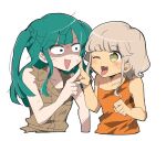  2girls :d bare_shoulders blue_eyes blunt_bangs blush brown_hair brown_vest bruise bruise_on_face caveman commentary_request constricted_pupils cropped_torso green_hair hand_on_another&#039;s_cheek hand_on_another&#039;s_face hand_up injury jaggy_lines long_hair looking_at_another messy_hair multiple_girls nojima_minami one_eye_closed open_mouth pretty_(series) pripara shaded_face short_hair sleeveless smile sweatdrop taiyou_pepper tongue tongue_out tsukikawa_chiri two_side_up upper_body vest white_background wide-eyed yellow_eyes 