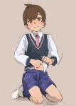  1boy ? @_@ absurdres amemiya_chika black_vest blush brown_eyes brown_hair clothes_lift collared_shirt commentary_request florian_(pokemon) full_body highres lifted_by_self long_sleeves looking_at_viewer male_focus necktie pokemon pokemon_(game) pokemon_sv purple_shorts shirt shirt_lift shoes short_hair shorts socks solo sweatdrop trembling vest vest_lift white_footwear white_shirt 