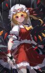  1girl absurdres arm_behind_back ascot blonde_hair broken_screen chain cowboy_shot crystal flandre_scarlet fourth_wall frilled_skirt frills from_below frown hair_between_eyes hat hat_ribbon highres kokukyukeo long_hair looking_at_viewer looking_down medium_skirt red_eyes red_ribbon red_skirt red_vest ribbon shattered shirt side_ponytail skirt slit_pupils solo touhou vest white_headwear white_shirt wings yellow_ascot 