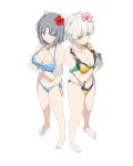  2girls back-to-back bare_shoulders barefoot bikini black_bikini blue_bikini blue_eyes blush bow breast_lift breasts cleavage collarbone crossed_arms flower frilled_bikini frills grey_hair groin hair_bow hair_flower hair_ornament hibiscus highres jewelry large_breasts looking_at_viewer miyabi_(senran_kagura) multiple_girls navel official_art open_mouth pendant pink_flower red_flower senran_kagura senran_kagura_estival_versus senran_kagura_shinovi_versus short_hair simple_background slit_pupils smile standing swimsuit two-tone_bikini white_background white_bow white_hair yaegashi_nan yellow_bikini yellow_eyes yumi_(senran_kagura) 