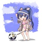  1girl ball bangle barefoot bikini blue_bow blue_eyes blue_hair blush bow bracelet collarbone full_body grey_jacket hair_between_eyes hair_bow highres jacket jewelry long_hair open_clothes open_jacket open_mouth pink_bikini ponytail rokugou_daisuke signature smile soccer_ball solo swimsuit touhou yorigami_shion 