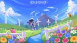  1girl bag black_hair cherubi cloud combee dawn_(pokemon) day fence flower from_behind highres itzah mountain mt._coronet pink_skirt piplup pokemon pokemon_(game) pokemon_dppt red_scarf scarf shoulder_bag skirt sky white_fence white_headwear wind_turbine 