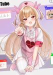  1girl akaiumy apron armband blush breasts brown_hair commentary_request fingernails fourth_wall hair_ornament hat highres long_hair natori_sana open_mouth rabbit_hair_ornament red_eyes sana_channel small_breasts solo thighhighs v virtual_youtuber 