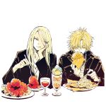  2boys black_jacket black_nails blonde_hair burger daybit_sem_void eating fast_food fate/grand_order fate_(series) food fork french_fries hair_between_eyes hair_over_one_eye hand_on_own_face holding holding_fork jacket jewelry long_hair looking_at_another male_focus medallion milkshake multiple_boys necklace nobicco open_clothes open_jacket shirt short_hair simple_background smile tezcatlipoca_(fate) trench_coat upper_body white_background white_shirt 