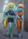  absurd_res anthro arms_tied blonde_hair bound clothing cuff_(restraint) equid equine female friendship_is_magic hair hakaina handcuffs hasbro hi_res jumpsuit lightning_dust_(mlp) mammal metal_cuffs multicolored_hair my_little_pony navel pegasus police_uniform prison prison_suit prisoner rainbow_dash_(mlp) rainbow_hair restraints shackles uniform wings wings_tied 