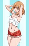  1girl armpits arms_behind_head arms_up asairosora atelier_(series) atelier_ryza bare_shoulders blue_background breasts bright_pupils cleavage collarbone commentary cowboy_shot crop_top hair_ornament hairclip happy medium_breasts midriff navel open_mouth orange_eyes orange_hair pocket red_shorts reisalin_stout shiny_skin shirt short_hair short_shorts shorts sidelocks sleeveless sleeveless_shirt smile solo spaghetti_strap standing stomach striped striped_background teeth thick_thighs thighs white_pupils white_shirt 