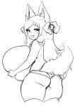 animal_humanoid big_breasts breasts butt cakecatboy canid canid_humanoid canine canine_humanoid cinnamon_(cakecatboy) female fox_humanoid hi_res huge_breasts humanoid hyper hyper_breasts looking_at_viewer looking_back mammal mammal_humanoid monochrome rear_view simple_background smile solo standing tail thick_thighs tongue tongue_out 