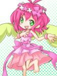  1girl angel angel_wings bangs blush dress flower green_eyes hair_flower hair_ornament hand_on_own_chest harpy_(puyopuyo) konomi_uo looking_at_viewer madou_monogatari pink_dress pink_hair puyopuyo puyopuyo_quest short_hair smile solo standing standing_on_one_leg wings yellow_wings 