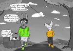  2023 absurd_res anthro beauchamp_(halcyon) clothed clothing comic detailed_background digital_media_(artwork) duo english_text forest fur hair halcyon_(series) herba_(halcyon) hi_res lagomorph leporid lost_andsafe male mammal monochrome mouse murid murine open_mouth plant rabbit rodent smile text tree 