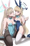  2girls animal_ears asuna_(blue_archive) black_pantyhose blonde_hair blue_archive blue_bow blue_bowtie blue_eyes blue_leotard bow bowtie breasts cleavage detached_collar elbow_gloves fake_animal_ears food food_in_mouth gloves halo highres jourd4n kneeling large_breasts leotard long_hair looking_at_another medium_breasts mole mole_on_breast multiple_girls navel pantyhose playboy_bunny pocky pocky_in_mouth pocky_kiss rabbit_ears simple_background thighhighs toki_(blue_archive) white_background white_gloves white_thighhighs wrist_cuffs yuri 
