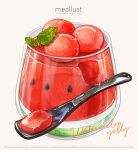 absurdres artist_name berry commentary english_text food food_focus fruit glass haruna_macpro highres mint no_humans original simple_background sparkle spoon watermelon watermelon_slice white_background 