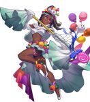  1girl alternate_costume balloon black_shorts breasts brown_hair candy_hair_ornament circlet dark-skinned_female dark_skin fire_emblem fire_emblem_engage fire_emblem_heroes food-themed_hair_ornament full_body ghost_hair_ornament gradient_clothes hair_ornament highres holding holding_weapon jack-o&#039;-lantern leg_up long_hair long_sleeves medium_breasts midriff navel non-web_source official_alternate_costume official_art okada_manabi open_mouth parted_bangs polearm ponytail pumpkin red_eyes ribbon shiny_skin shoes shorts skirt sleeves_past_wrists smile solo spear star-shaped_pupils star_(symbol) stomach symbol-shaped_pupils teeth timerra_(fire_emblem) transparent_background upper_teeth_only weapon wide_sleeves 