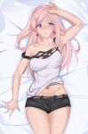  1girl bed_sheet blue_eyes blush breasts das_(dan_dan) earrings fate/grand_order fate_(series) highres jewelry long_hair lying miyamoto_musashi_(fate) navel pink_hair shirt shorts sleeveless sleeveless_shirt solo 