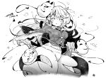  1girl blush breasts bubble_skirt commentary_request fox_mask greyscale hand_fan hata_no_kokoro holding holding_fan hyottoko_mask long_hair looking_at_viewer mask monochrome noh_mask open_mouth shirt simple_background skirt solo star_(symbol) tanasuke touhou 