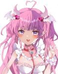 1girl 2ndope absurdres ahoge bell blush breasts choker cleavage demon_girl demon_horns demon_wings dress frilled_sleeves frills hair_ornament head_wings heart heart_hair_ornament highres horns ironmouse ironmouse_(demon_form) jingle_bell large_breasts looking_at_viewer multicolored_hair o-ring o-ring_choker open_mouth pink_hair pointy_ears purple_eyes purple_hair red_choker smile solo streaked_hair teeth upper_teeth_only virtual_youtuber vshojo white_background white_dress white_wrist_cuffs wings wrist_cuffs 