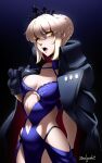  1girl arm_behind_back armor artist_name artoria_pendragon_(alter_swimsuit_rider)_(fate) artoria_pendragon_(alter_swimsuit_rider)_(third_ascension)_(fate) artoria_pendragon_(fate) black_gloves blonde_hair braid breasts cape cleavage crown dress english_commentary fate/grand_order fate_(series) french_braid gloves gradient_background hair_between_eyes highres looking_at_viewer medium_breasts navel open_mouth solo tongue yellow_eyes zealyush 
