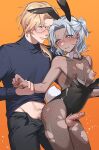  2boys anal animal_ears bare_shoulders black_leotard blonde_hair blue_shirt blush bodysuit cleavage_cutout clothing_cutout collarbone covered_nipples cowboy_shot crossdressing crotchless crotchless_leotard erection fake_animal_ears fishnet_bodysuit fishnet_pantyhose fishnets forehead glasses gradient_background grey_eyes grey_hair highres holding_another&#039;s_wrist leotard long_hair male_focus medium_hair ming_(5unri5e666) multiple_boys orange_background original otoko_no_ko pantyhose parted_bangs penis playboy_bunny ponytail rabbit_ears sex sex_from_behind shirt standing standing_sex strapless strapless_leotard teeth thighs torn_bodysuit torn_clothes torn_pantyhose uncensored yaoi 