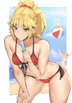  1boy 1girl absurdres astolfo_(fate) beach bikini blonde_hair blue_sky border braid breasts cloud collarbone day deccatezu english_commentary fate/apocrypha fate/grand_order fate_(series) food french_braid front-tie_bikini_top front-tie_top green_eyes hair_ornament hair_scrunchie halterneck hand_on_own_thigh highres leaning_forward light_blush long_hair looking_at_viewer mordred_(fate) mordred_(swimsuit_rider)_(fate) ocean outdoors ponytail popsicle red_bikini scrunchie shore side-tie_bikini_bottom sidelocks sky small_breasts smile smirk swimsuit thighs twitter_username white_border 