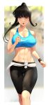  1girl alternate_costume alternate_hairstyle black_hair blue_sports_bra blunt_bangs blurry blurry_background border breasts brown_eyes commentary_request exercise girls_und_panzer highres jogging large_breasts long_hair mature_female navel nishizumi_shiho open_mouth outdoors outside_border pants ponytail running solo sports_bra sweatband toned track_pants wa_(genryusui) white_border 