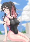  1girl alternate_hairstyle black_hair black_one-piece_swimsuit blue_eyes blue_sky blurry blurry_background breasts cloud competition_swimsuit covered_nipples day highleg highleg_swimsuit kantai_collection large_breasts long_hair looking_at_viewer multicolored_hair naganami_(kancolle) nishikaze_(makaso17) one-piece_swimsuit outdoors pink_hair ponytail sky solo swimsuit two-tone_hair two-tone_swimsuit wavy_hair 