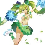  1girl absurdres cheerleader ershuihe grass_miku_(project_voltage) green_eyes green_hair green_skirt green_socks hair_ornament hair_ribbon hatsune_miku highres leg_up long_hair musical_note musical_note_hair_ornament one_eye_closed open_mouth pokemon pom_pom_(cheerleading) project_voltage ribbon shoes sidelocks skirt socks solo twintails very_long_hair vocaloid white_footwear x_hair_ornament 