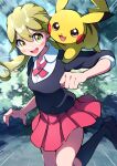  1girl :d absurdres black_sweater blonde_hair blush clenched_hand collared_shirt commentary_request day emphasis_lines eyelashes floating_hair hair_between_eyes highres lass_(pokemon) long_hair looking_at_viewer neck_ribbon on_shoulder open_mouth outdoors pikachu pink_ribbon pink_skirt pleated_skirt pokemon pokemon_(creature) pokemon_(game) pokemon_on_shoulder pokemon_xy pon_yui ribbon shirt skirt sleeves_past_elbows smile sweater teeth tongue twintails upper_teeth_only white_shirt yellow_eyes 