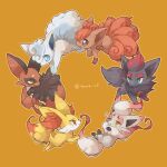  alolan_vulpix animal_focus bright_pupils closed_mouth commentary_request fennekin from_side green_eyes highres hisuian_zorua nickit no_humans orange_background outline pokemon pokemon_(creature) smile towa_(clonea) vulpix watermark white_pupils yellow_eyes zorua 