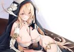  1girl absurdly_long_hair absurdres areola_slip azur_lane bare_shoulders between_breasts black_gloves blonde_hair breast_cutout breasts cleavage covered_nipples eyes_visible_through_hair fake_horns gloves habit hair_between_eyes half_gloves halo heart heart-shaped_pupils highres horns huge_breasts implacable_(azur_lane) leer.meer long_bangs long_hair long_sleeves looking_at_viewer lying mechanical_halo nun on_side pelvic_curtain pulled_by_self red_eyes revealing_clothes see-through shiny_skin smile solo strap_between_breasts strap_pull symbol-shaped_pupils thighhighs veil very_long_hair white_horns white_thighhighs wide_sleeves 