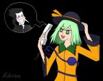  artist_name deltarune green_eyes green_hair hat holding holding_phone komeiji_koishi nikitron_xd open_mouth phone shirt spamton_g._spamton touhou yellow_shirt 