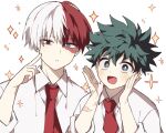  2boys :d black_eyes blue_eyes blush boku_no_hero_academia bright_pupils burn_scar coi_mha collared_shirt commentary curly_hair diffraction_spikes dot_nose finger_to_cheek finger_to_face freckles gesture_request green_eyes green_hair hair_between_eyes happy heterochromia looking_at_viewer male_focus midoriya_izuku multicolored_hair multiple_boys multiple_scars necktie open_mouth pale_skin parted_hair parted_lips red_hair red_necktie scar scar_on_arm scar_on_face scar_on_hand school_uniform shirt short_hair side-by-side simple_background sleeves_past_elbows sleeves_rolled_up smile sparkle split-color_hair todoroki_shouto two-tone_hair u.a._school_uniform upper_body white_background white_hair white_pupils white_shirt wing_collar 