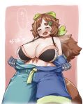 ... 1girl absurdres animal_ears bare_shoulders blush border bow breasts brown_hair brown_tail cleavage closed_eyes commentary_request commission cowboy_shot drkinuta green_bow hair_bow hair_ornament highres huge_breasts ichika_(ichika_manga) indie_virtual_youtuber leaf_hair_ornament long_hair off_shoulder open_mouth outside_border simple_background skeb_commission solo speech_bubble spoken_ellipsis sweat thick_eyebrows translation_request white_border 