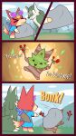  animal_crossing anthro audie_(animal_crossing) canid canine canis comic dialogue dropping_object english_text fox hi_res humor korok lifting_object link_(wolf_form) mammal melee_weapon nintendo onomatopoeia outside r-mk rock sitting sound_effects standing sword sword_on_back sword_sheath text the_legend_of_zelda weapon wolf 